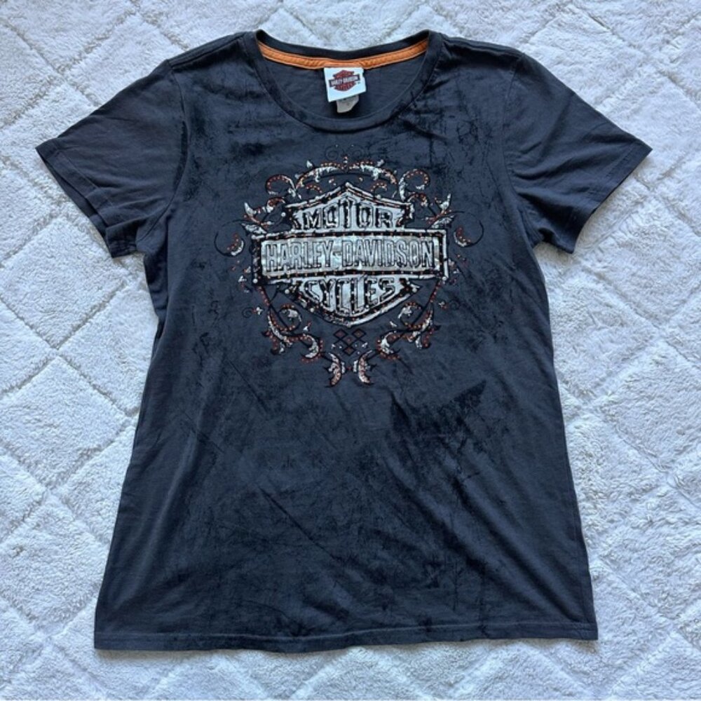 Harley Davidson | Gray & Orange Bling V-Neck Short Sleeve Tee | Size Medium
